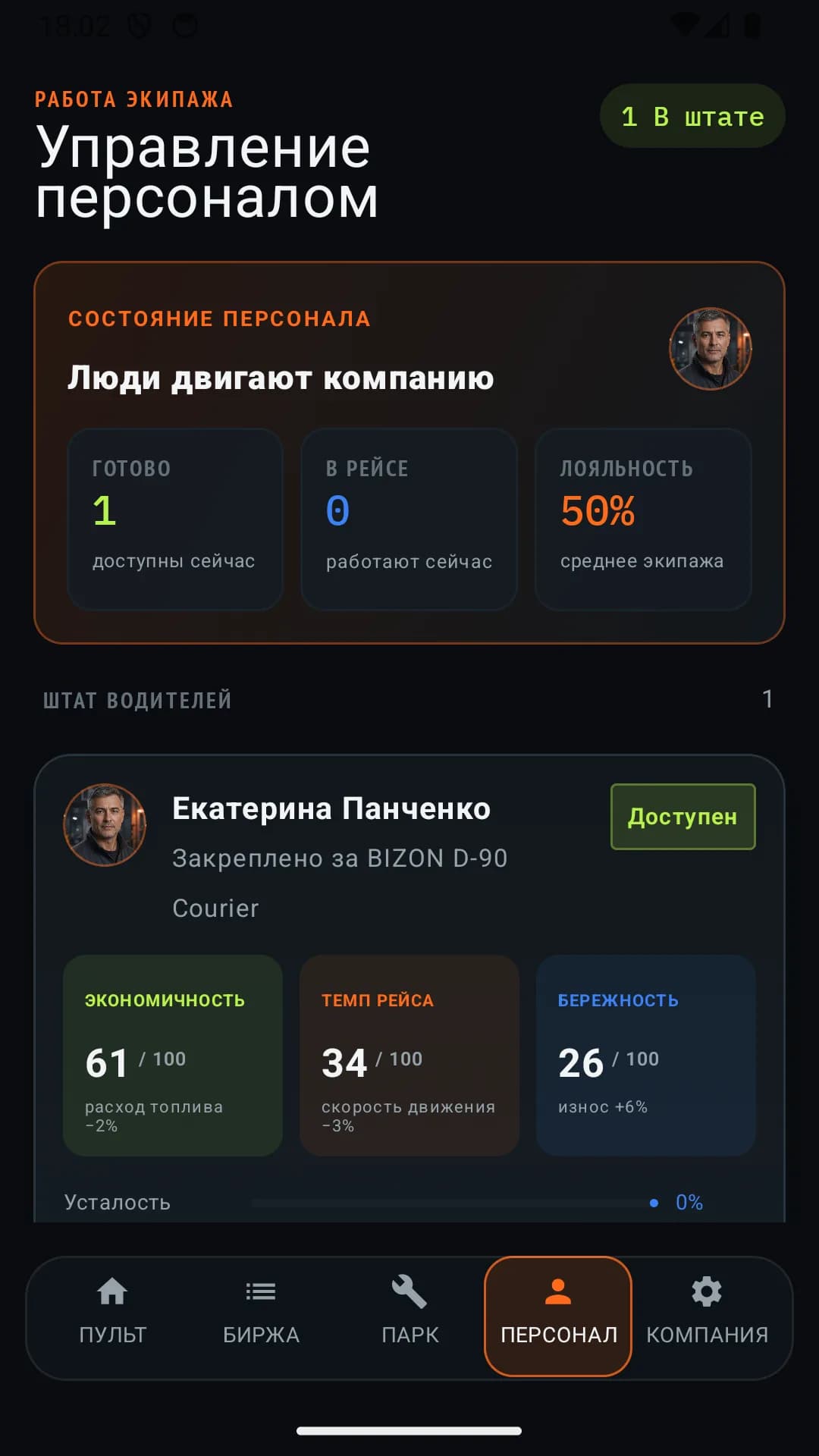 Мобильный экран персонала Carcato с навыками водителя